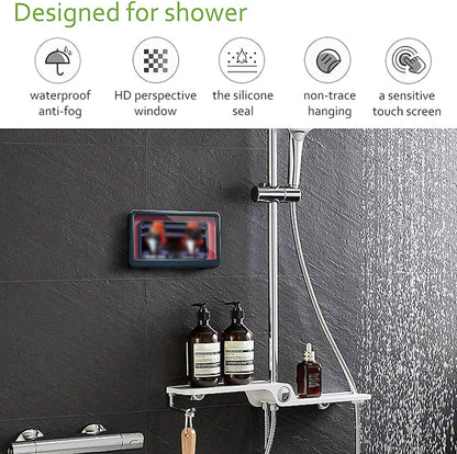 Waterproof Wall-Mounted Shower Phone Holder with Anti-Fog Mirror and Touch Screen Shelf for Bathroom (Geek Blue)